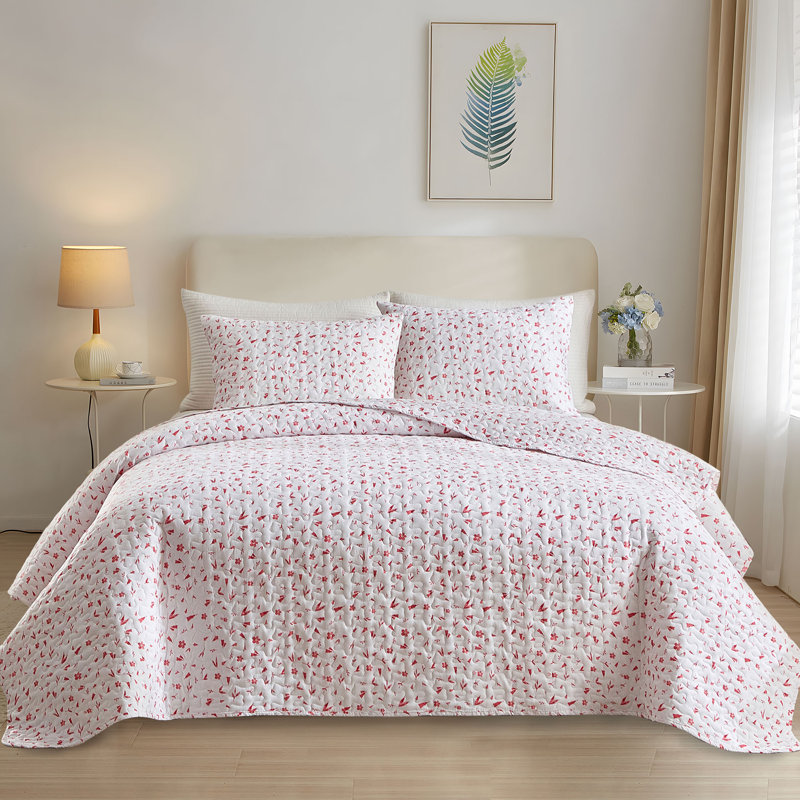 3 Piece  All Season Cottagecore Microfiber Quilt Set, Pink Floral, King Quilt + 2 King Shams