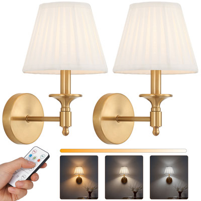 Battery Operated Wall Sconce Set of 2, Gold Wireless Wall Lights with 3 CCT Colour Temperature & Dimmable Magnetic Bulb and Remote, Rechargeable Wall Decor Lamp for Bedroom Living Room Hallway