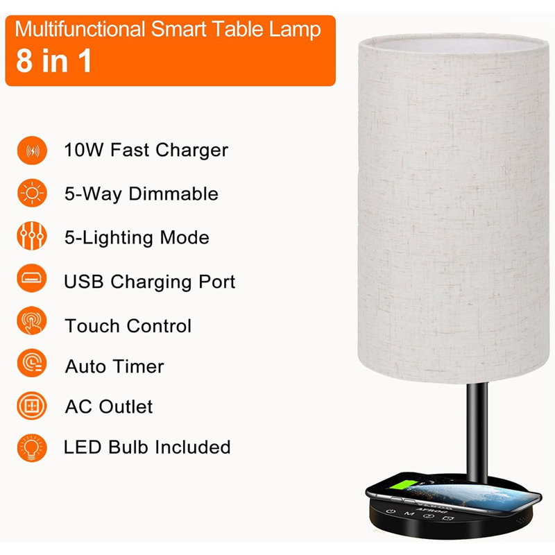 Lampe de chevet pour chambre à coucher Ebern Designs avec chargeur sans fil rapide 10 W, port USB, 5 modes d'éclairage, 5 luminosité et minuterie automatique 40/60 minutes (ampoule à DEL incluse)