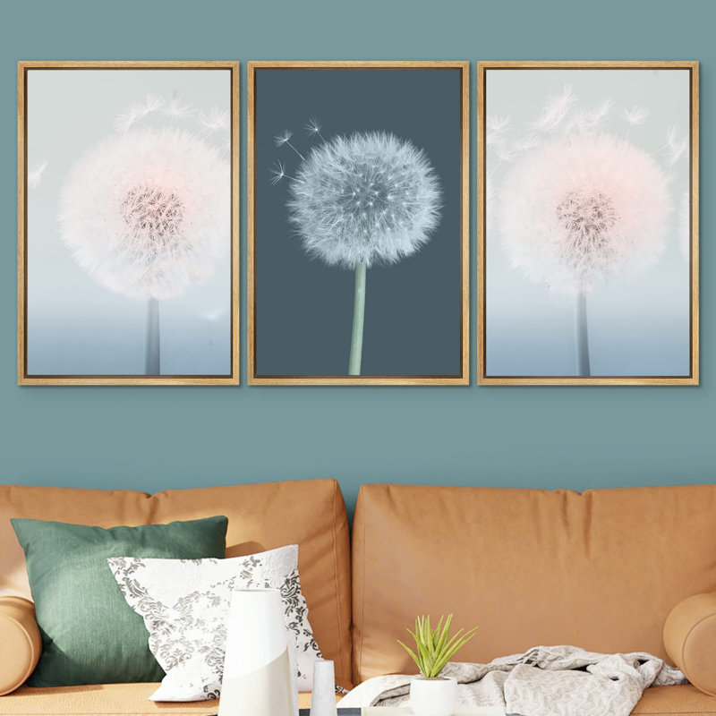 Dandelion " Retro Pastel Dandelion Flowers In Wind Coastal Nautical Photography Modern Art Seascape Relax " 3 - Pieces