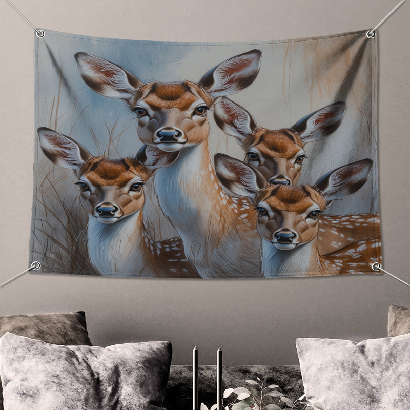 Tapisserie murale «Group of Deer» - Décoration murale cerf, 104in H x88 with 4 Grommets