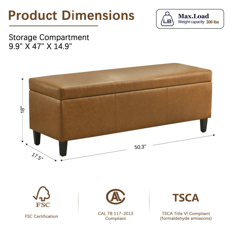 Banc de rangement rembourré en similicuir de 50,3 po Asdrubale, Jaune brunâtre