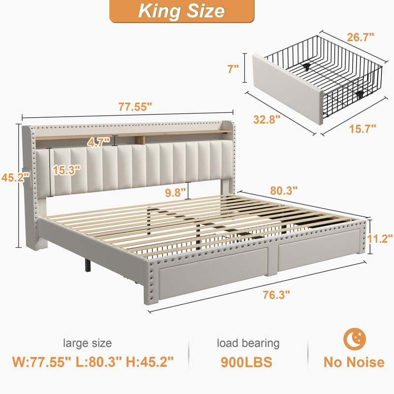 Francille Upholstered Bed Frame with Headboard，Storage Bed with 2 Drawers, King, Beige
