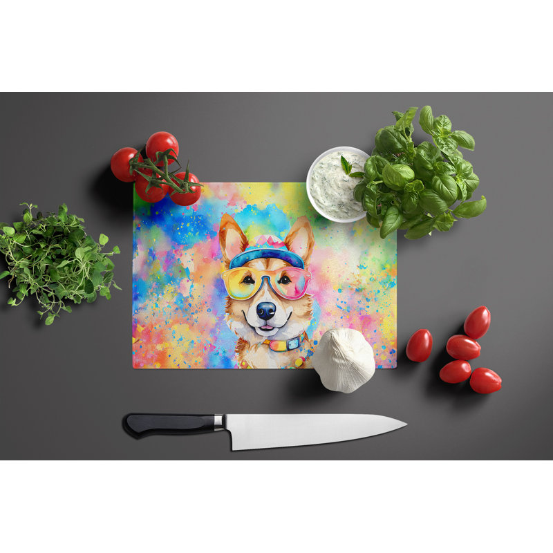 Corgi Hippie Dawg Glass Cutting Board Large