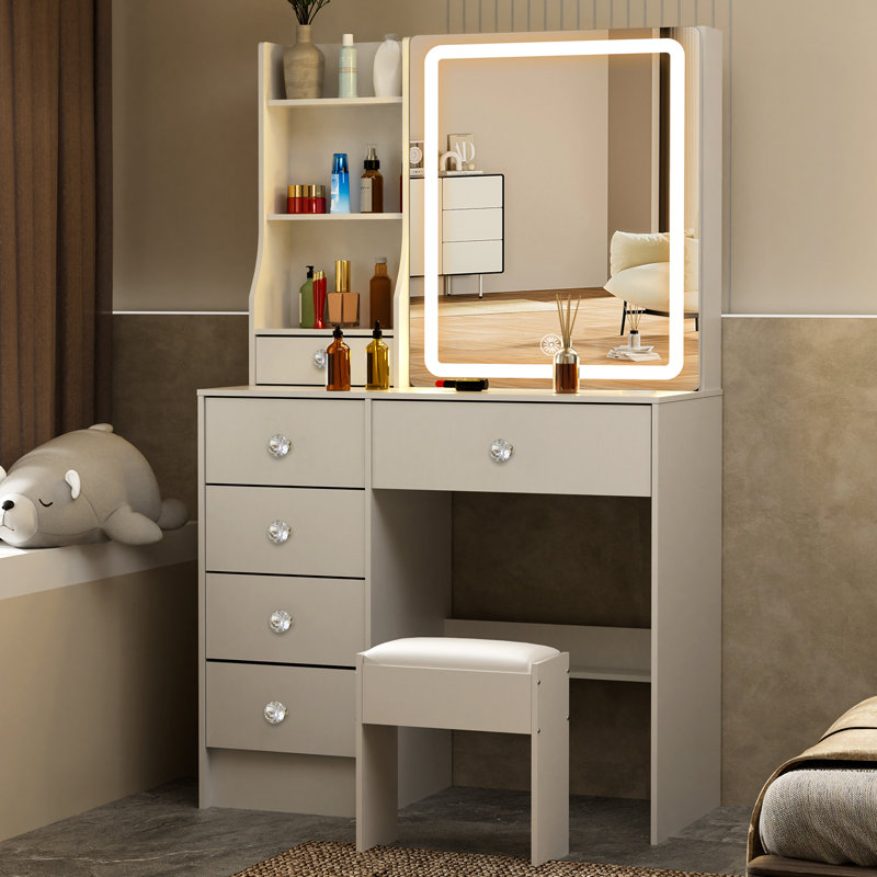 Ensemble de meuble-lavabo avec miroir et tabouret, modes d'éclairage réglables, pour chambre à coucher, blanc