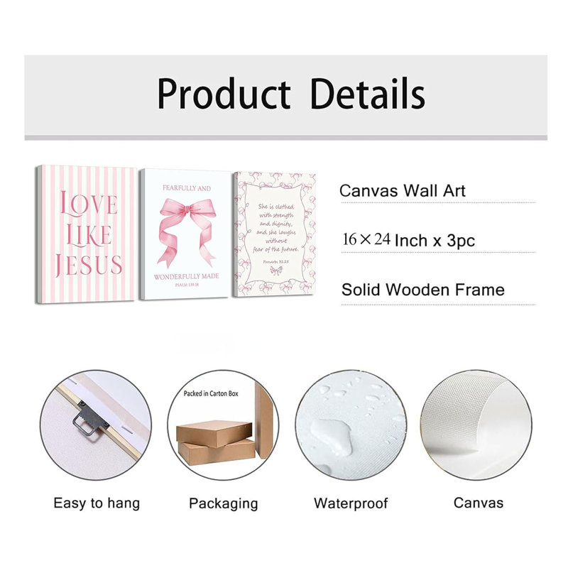 3 Piece Wrapped Canvas Print, Pink