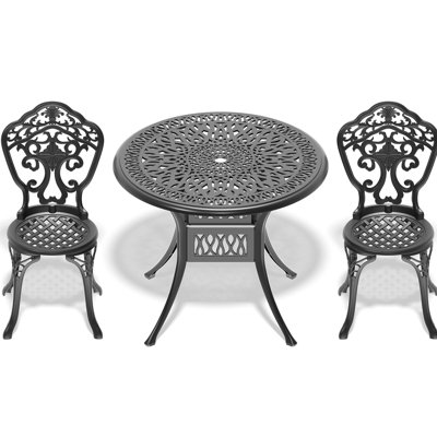 3 Cast Aluminum Outdoor Dining In Black. Beautiful Carvings, Reliable Build. Heat- Finish, Non-slip Foot Pad. Seats Two Comfortably All-weather Ensemble Exquisite Heat Coating, Slip 2