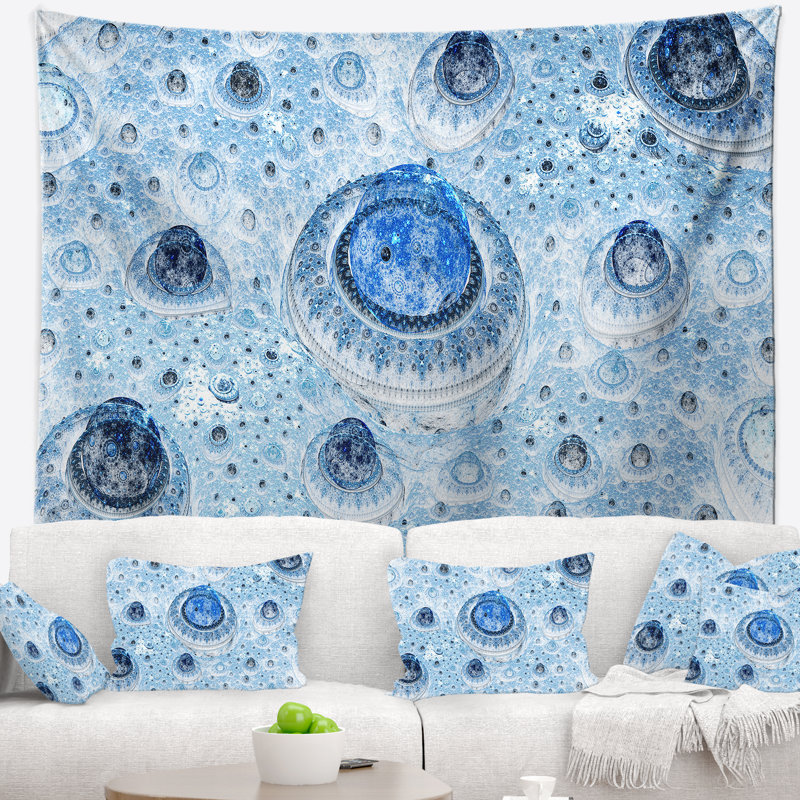 Tapisserie planète abstraite en fractales bleu ciel, H 78 po x l 92 po