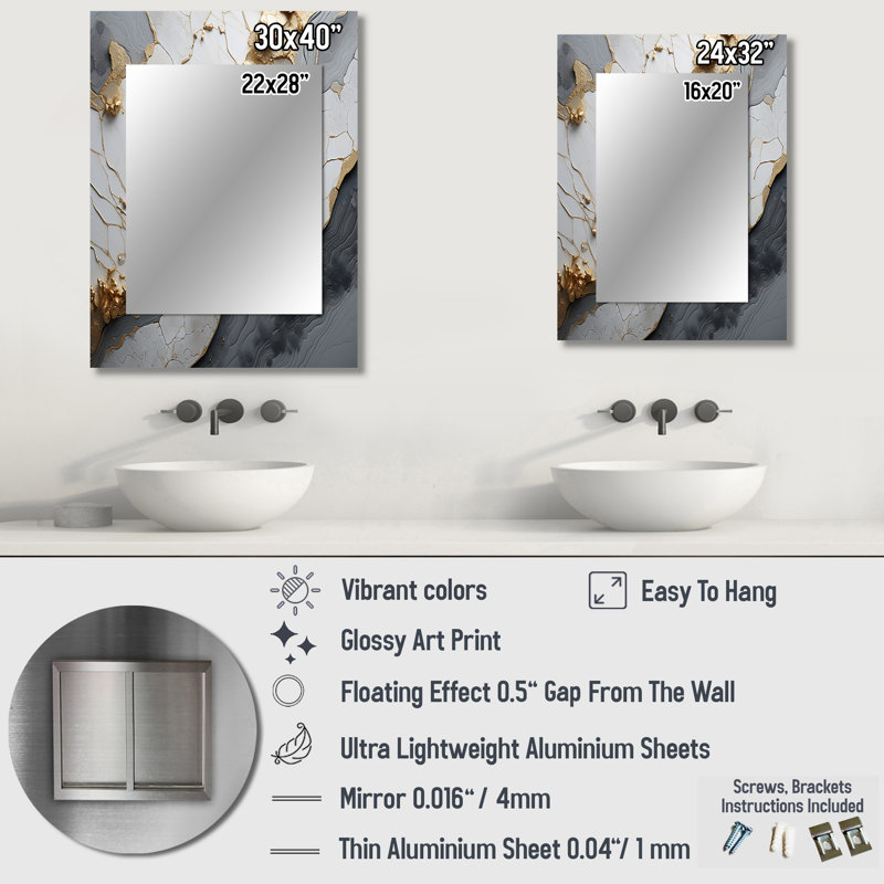 Minimalism White Gold Poteries - Abstract Spirals Decorative Mirror, White Wall Mirror, Printed Metal Art, 32" x 24"