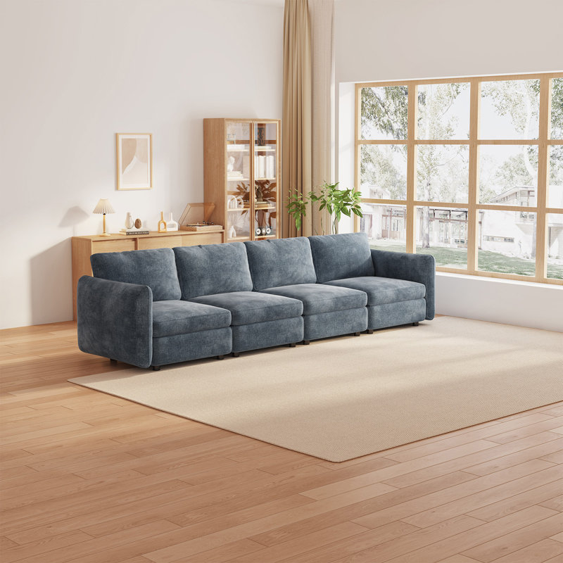 305cm Blue-Grey Modular Fabric Sofa, 4-Seater Deep Seat Sectional Sofa for Living Room