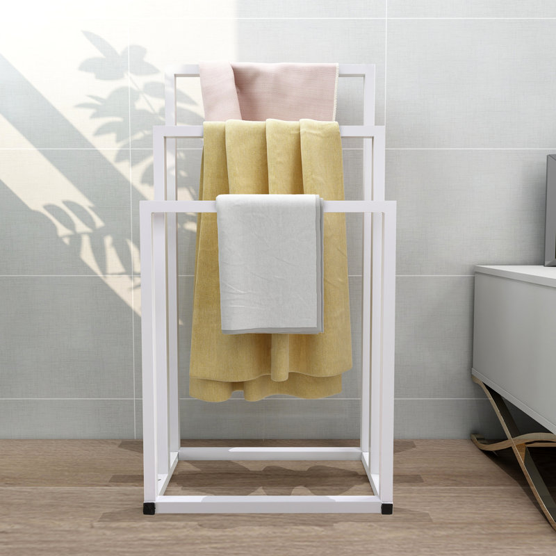 Porte-serviettes autoportant à 3 niveaux blanc - Organisateur de porte-serviettes en métal chromé pour salle de bain, chambre à coucher, cuisine, piscine | Assemblage robuste et facile