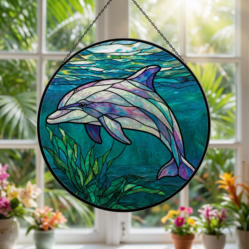 Panneau de vitrail en verre coloré 7,8 "H Dolphin Ocean, H 7,8 po x l 7,8 po