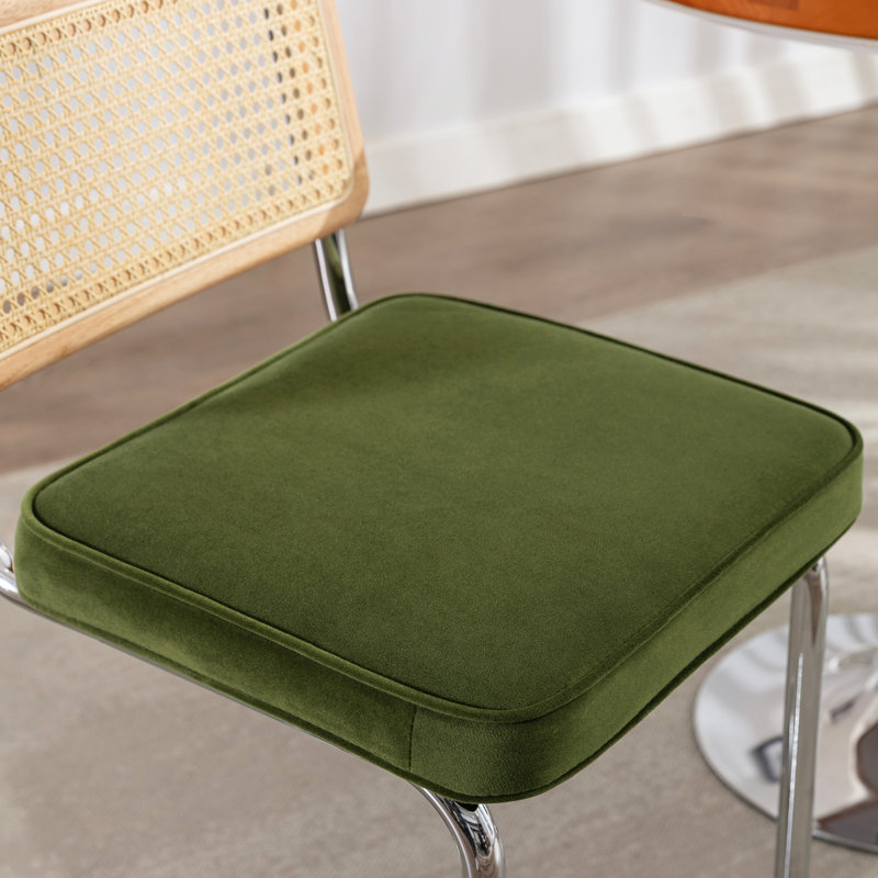 Crumley Upholstered 25.6" Velvet Counter Stool with Rattan Cane Back and Metal Frame, Olive Green Velvet/Chrome Frame