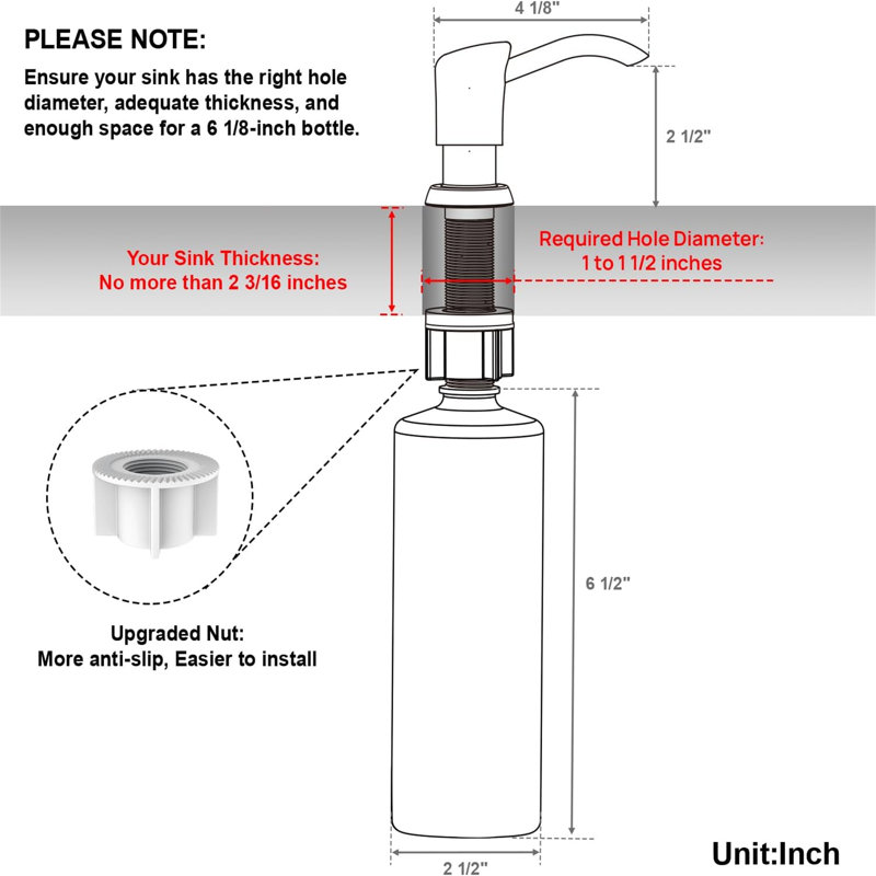 Built in Sink Soap Dispenser or Lotion Dispenser for Kitchen Sink Pump Head with 13 Ounce Soap Bottle, Brushed Gold