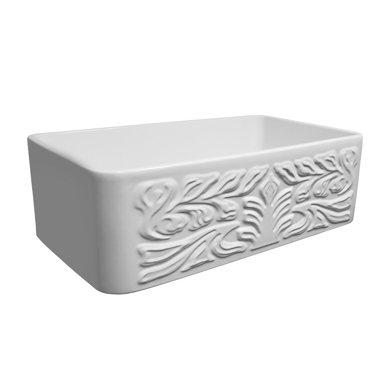 Whitehaus 30” Reversible Single Bowl Fireclay Kitchen Sink: Roman Floral, Fluted Front Apron, White