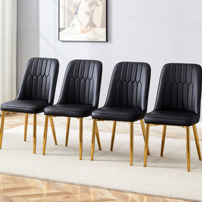 4Pcs Modern Sitting Chairs For Office, Black Pu Leather, Gold Metal Leg Supports, Thick Seat Padding, Comfortable Workspace Setup, Easy Assembly Living Room Chairs, Legs, Cushion, Stylish And