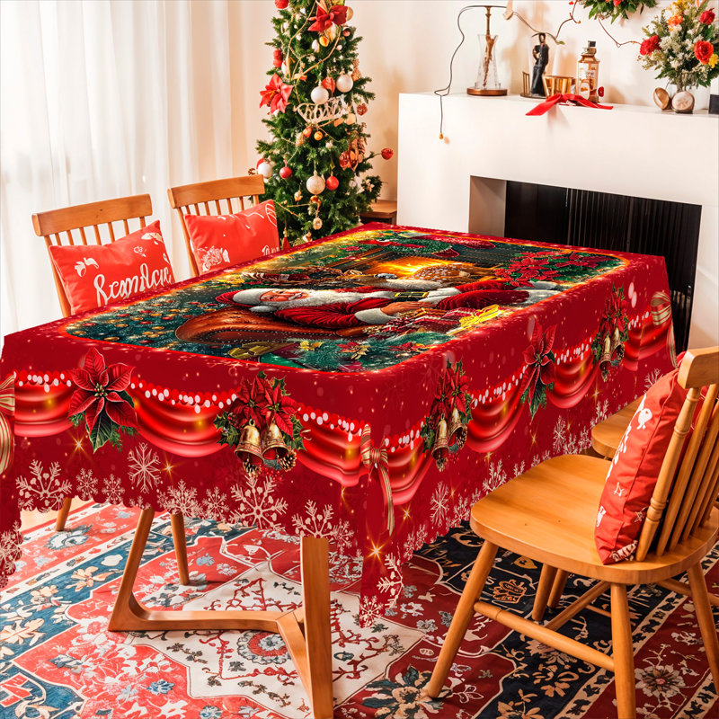 1pc round/rectangular polyester tablecloth, Christmas tablecloth with pine, snowman, truck, embosed edge, Christmas decorations for dining table, festival party holiday table decoration, festival gift