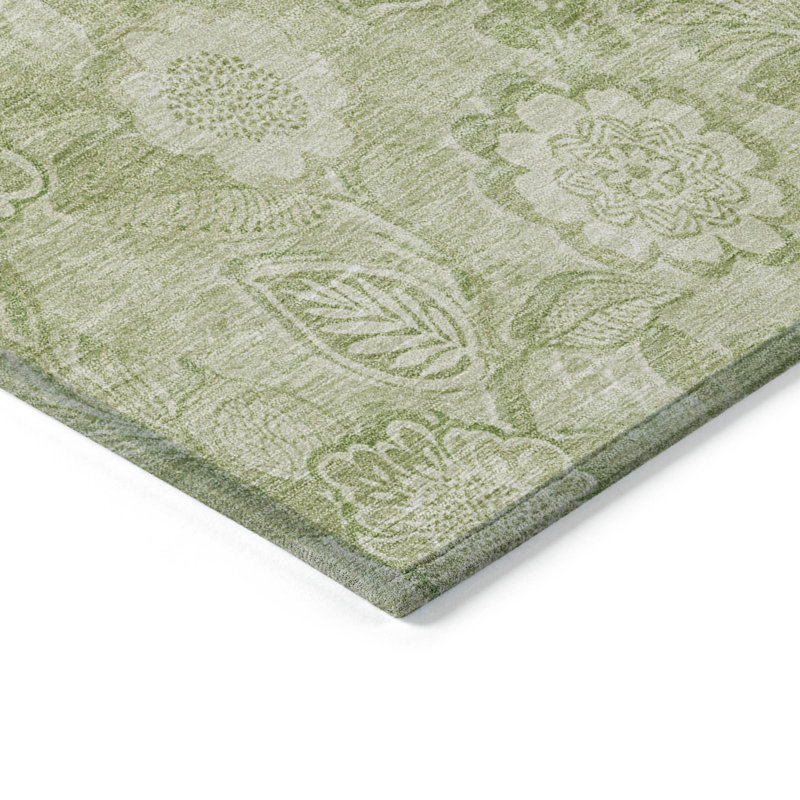 3' X 5' Sage And Mint Green Floral Washable Indoor Outdoor Area Rug