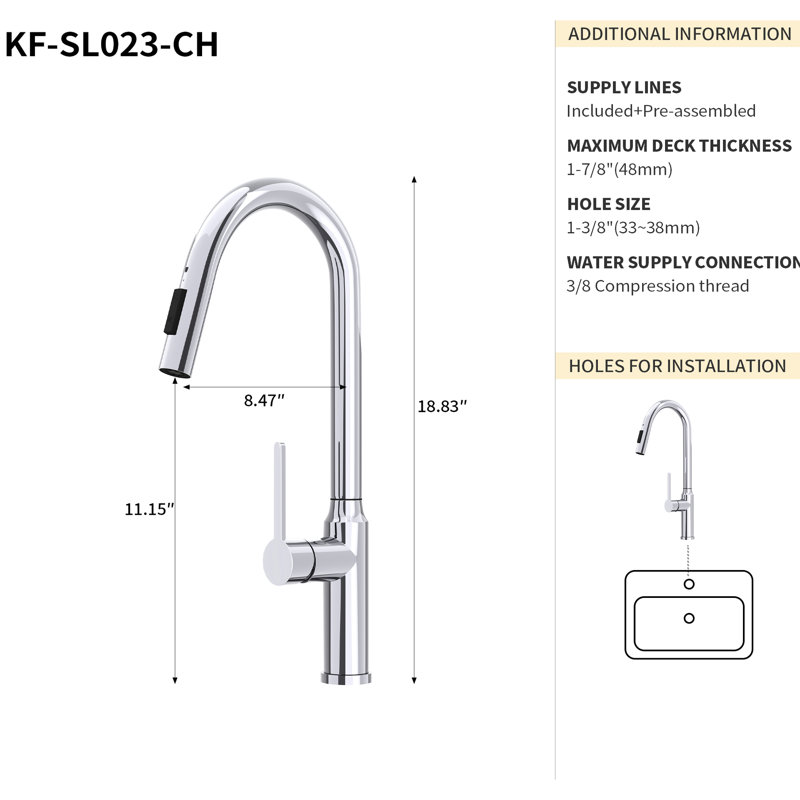 Robinet de cuisine en nickel brossé - rétractable 19,13 po, nickel rétractable de qualité et fiable, Nickel brossé