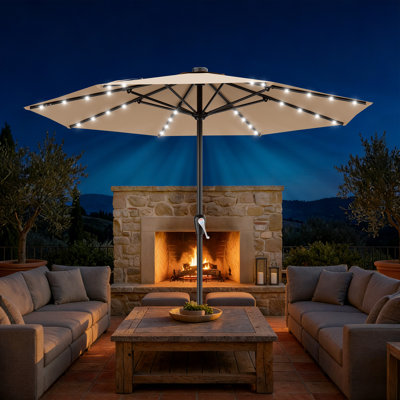 12ft Solar LED Patio Umbrella Outdoor Table Market Umbrella 8 Ribs w/Crank-Lift System, Backyard, Poolside, Lawn and Garden, Air Vent, Beige