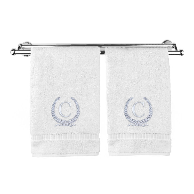 Essuie-mains monogramme - ensemble de 2 - lettre de conception de couronne, C, Blanc / argenté