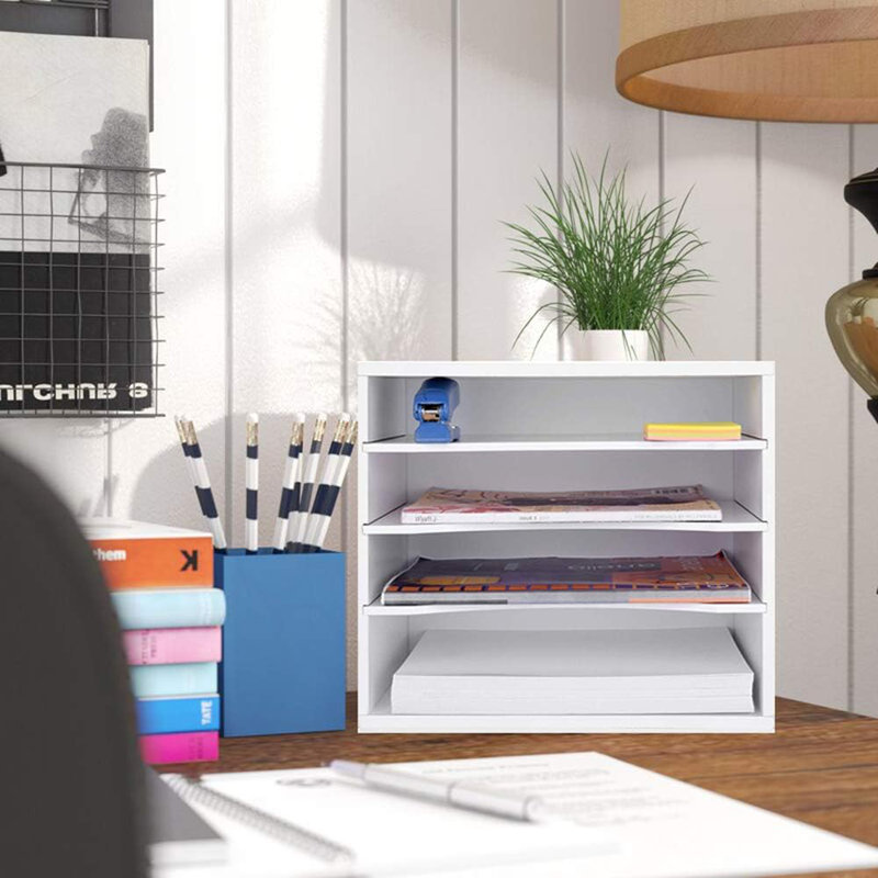 Organisateur de papier réglable à 4 niveaux, organiseur de bureau grande capacité pour livres / magazines / dossiers de bureau, séparateurs en bois, 7 lb par tablette, blanc