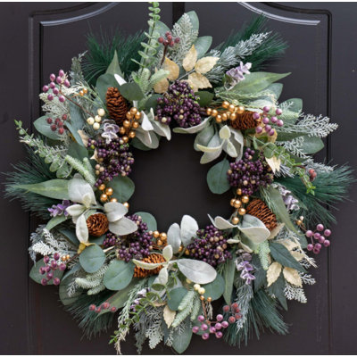 Couronne de Noël artificielle 24 po pour porte d'entrée avec feuilles de neige et aiguilles de pin