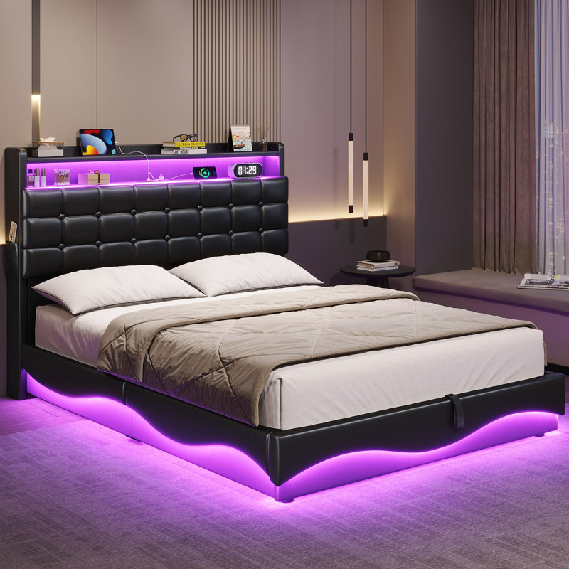 Lift Up Storage  Bed Frame With Charging Station And Hidden Storage Headboard, Led Lights Upholstered Platform Bed With Hydraulic Storage,