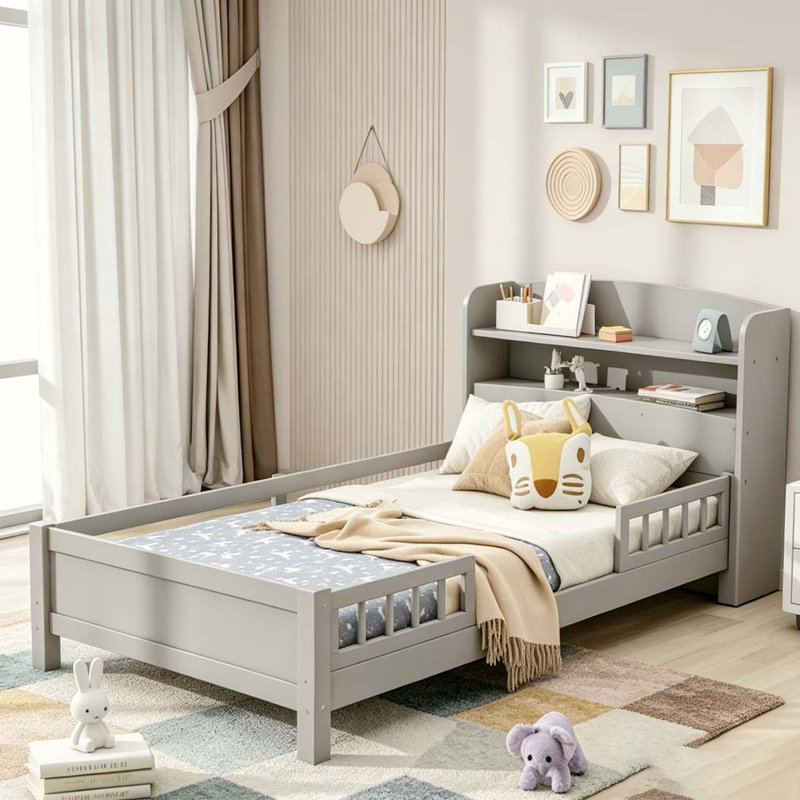 Lit plateforme en bois avec lumière DEL intégrée, Gris ancien, Lit simple