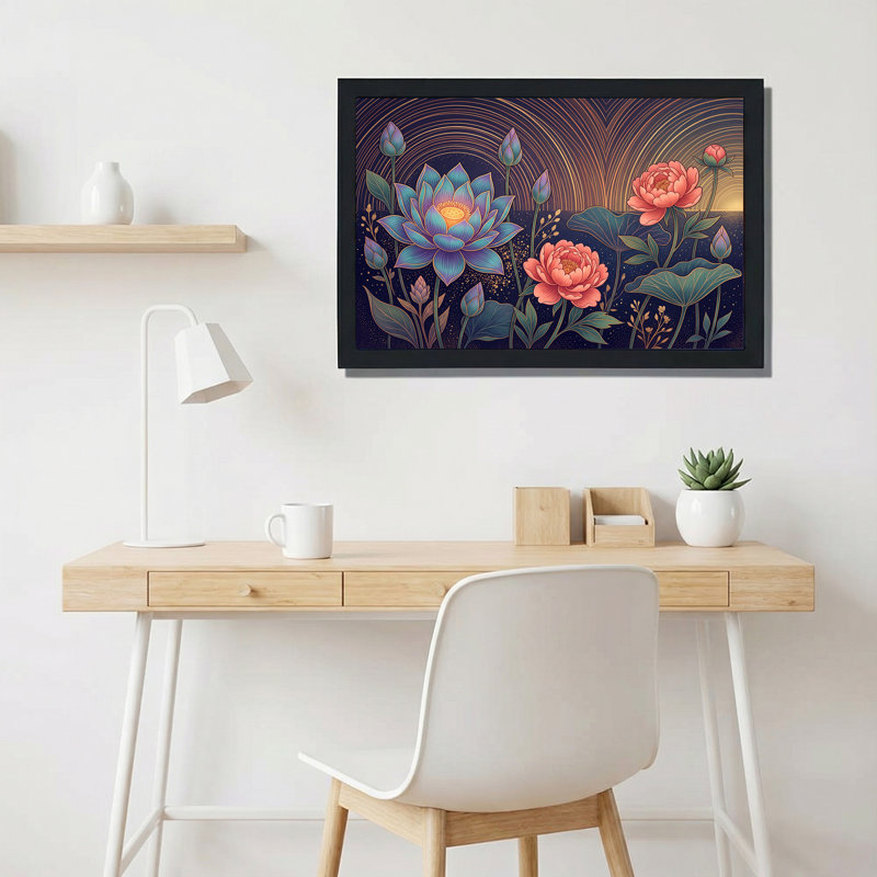 Art mural sur toile de lotus bleu et pivoines roses avec lignes ondulées dorées, 16"H x 24"W