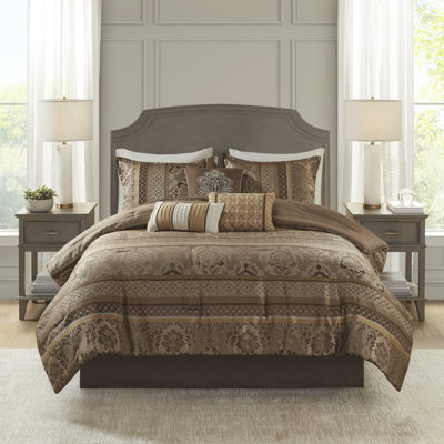 Ensemble de literie luxueuse en jacquard 7 pièces, en polyester de première qualité, brun élégant et doré pour les grands lits