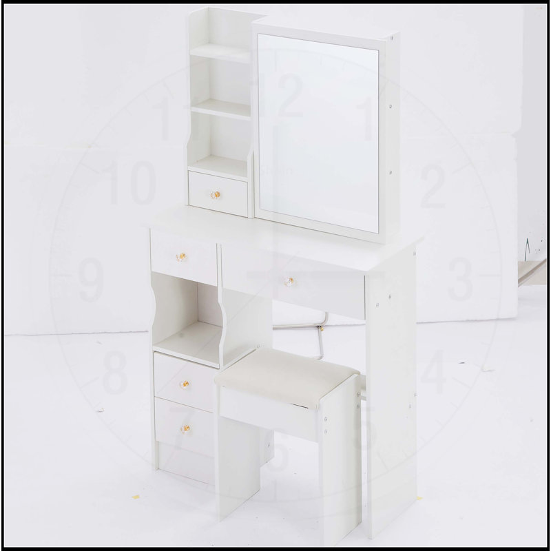 Ensemble de coiffeuse compact et pratique avec tabouret rembourré et plusieurs couches de rangement, Blanc