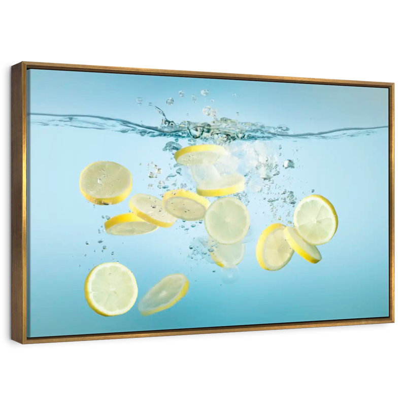 Tranches de citron dans l'eau, Cadre flottant doré, 40 po x 27 po