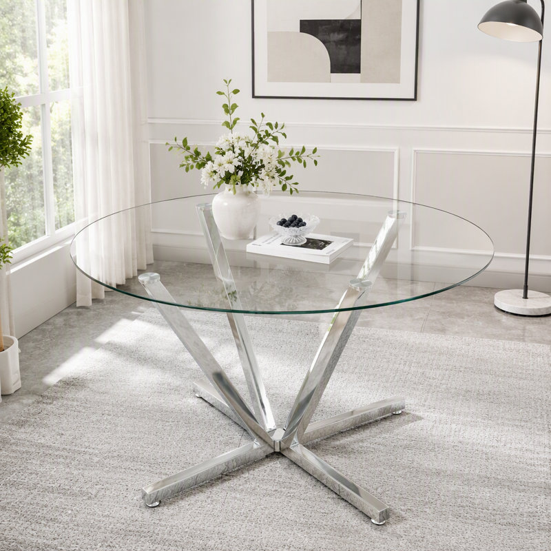 Table de salle à manger ronde en verre trempé 45,27 pouces, Silver+Transparent