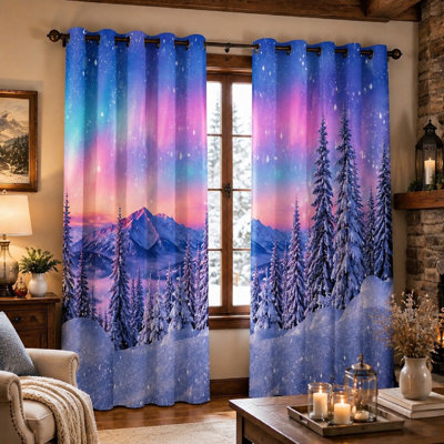 2Pcs de rideaux imprimés Aurora Borealis Snow Mountain