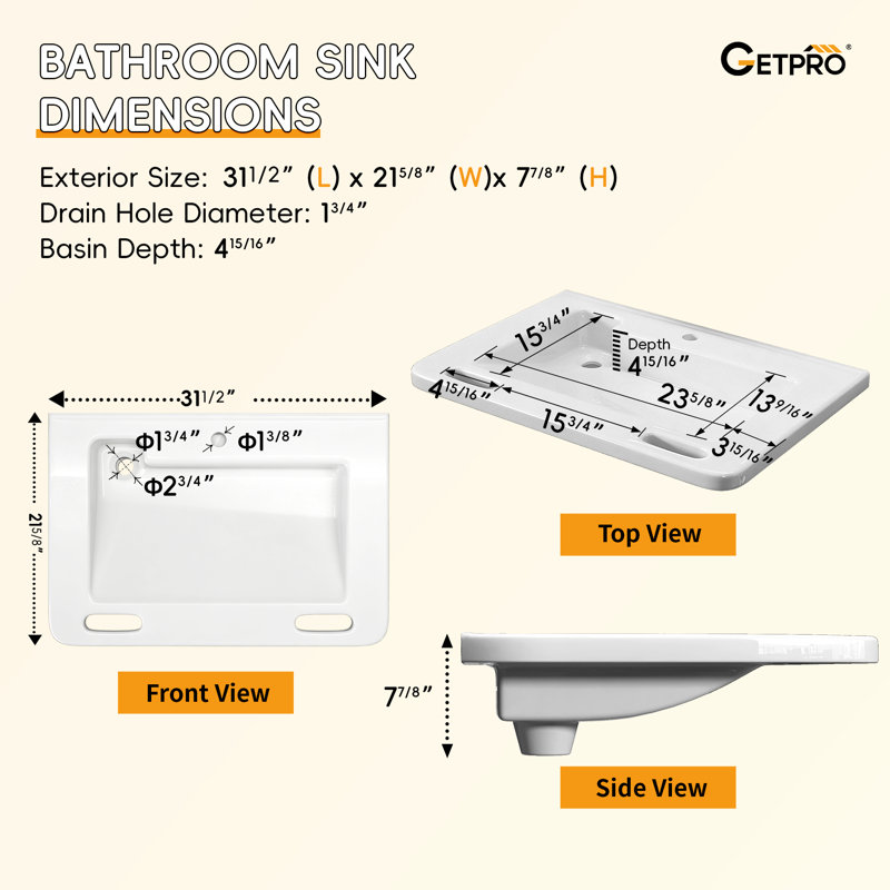 31.5" W X 22" D ADA Compliant Ceramic Bathroom Sink Wall-Mounted Rectangular White Sink Wall Hung Accessible Vessel Sink with Integrated Handles & Single Pre-Drilled Faucet Hole