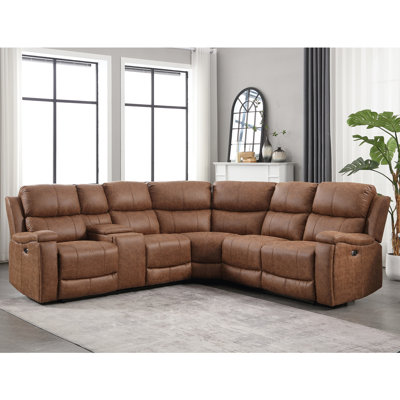 Kiall 110" W 3-Piece Vegan Leather Power Wall Reclining Sectional with Storage & Cup Holder