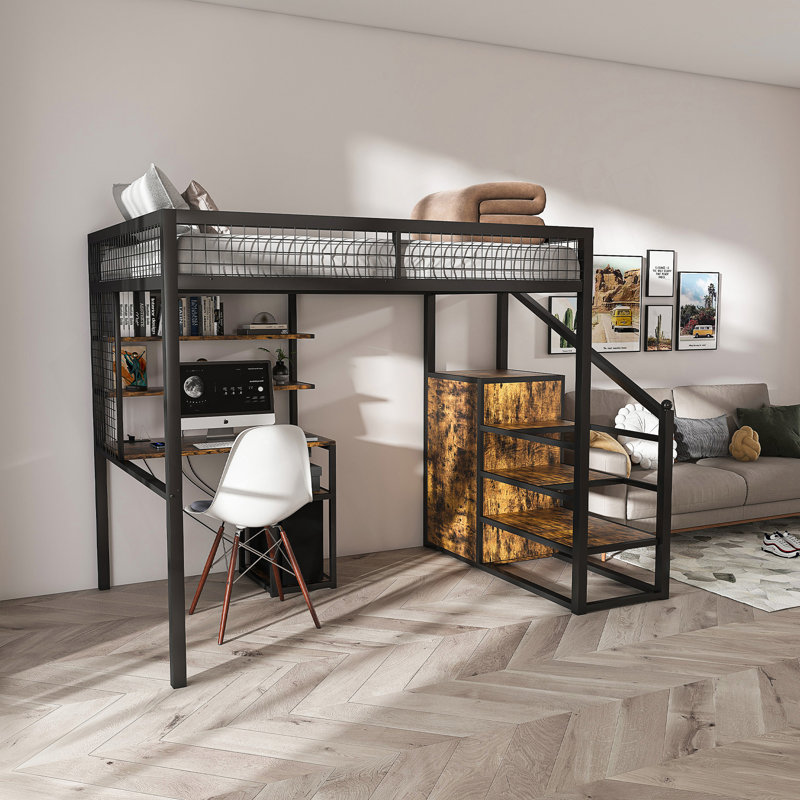 Lit mezzanine double avec bureau et garde-robe - structure en métal lourd, escalier intégré, support de rangement et tablettes