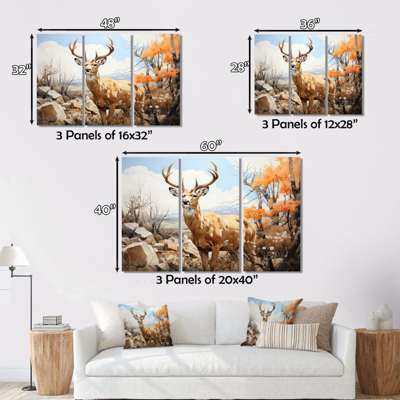 «Graceful Antelope Pastoral» sur toile, reproduction de 3 pièces, H 32 po x l 48 po x P 1 po