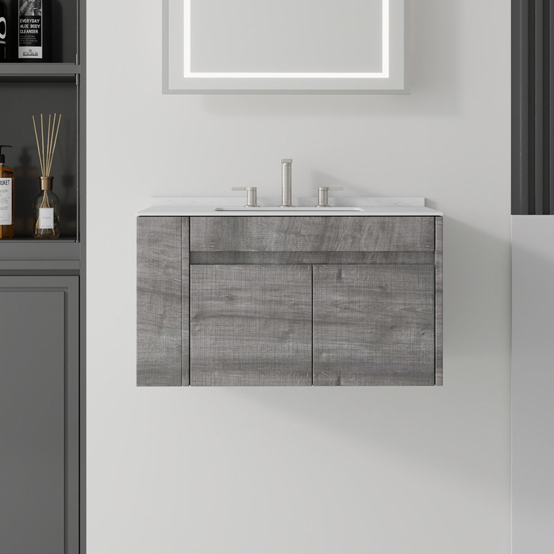 Single Bathroom Vanity with Real Wood Veneer Top, Gray, 36" W