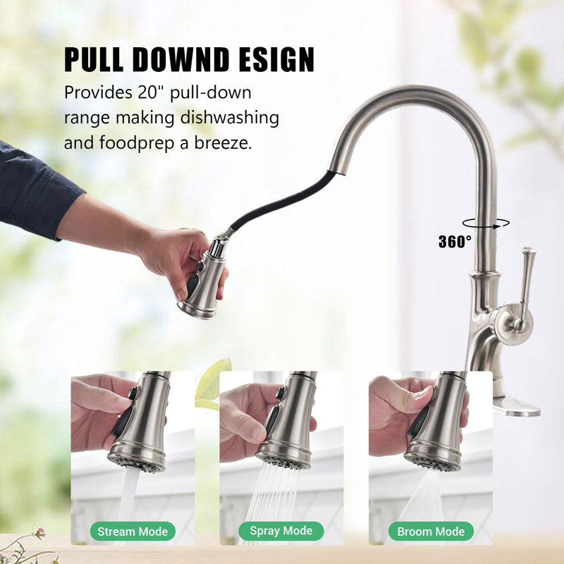 Pull-Down Kitchen Faucet With A Retractable Spray Head, Single Handle, High Arc, Single Hole Pull-Out Kitchen Sink Faucet.
