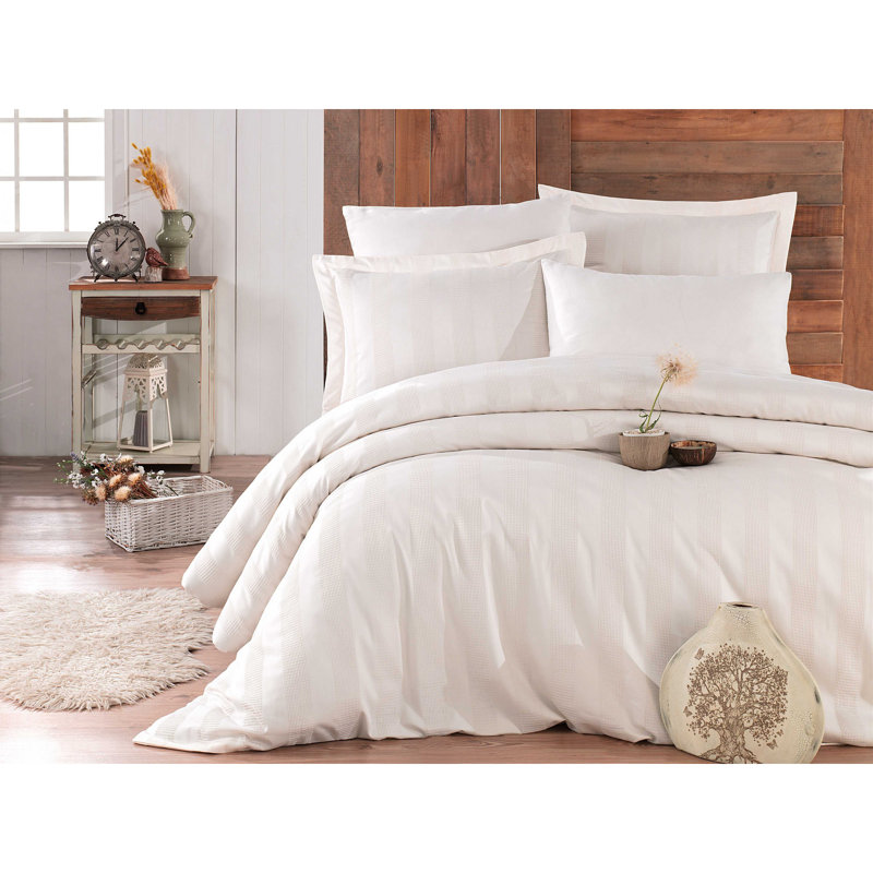 Luxurious Wafel Satin Double Quilt Cover Set, 100% Cotton, Cream | Duvet Cover 78.7 x 86.6 in, Flat Sheet 94.5 x 102.4 in, 2 Pillowcases 27.6 x 27.6 in, 2 Oxford Pillowcases 19.7 x 27.6 in | Machine Washable, 210 Thread Count, Elegant Design