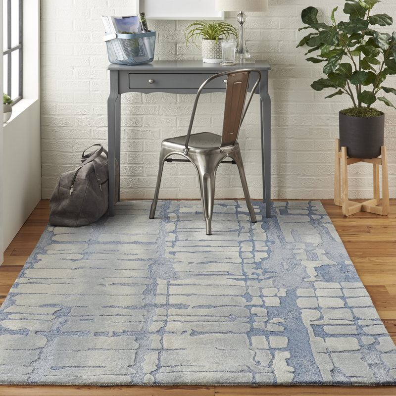 Tapis bleu moderne fait à la main, Rectangle 3 pi 9 po x 5 pi 9 po