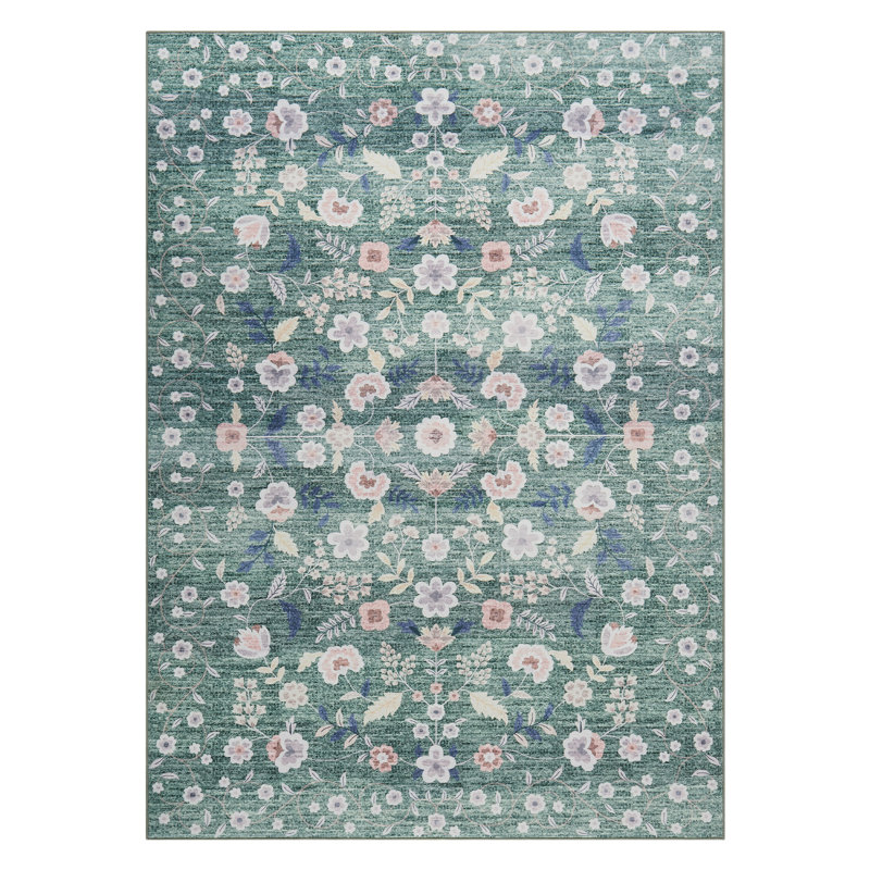 Washable Floral Area Rug - Thin Low Pile Carpet for Living Room, Dining Room, Bedroom, Office - Runner Style, Beige - Durable, Easy Care, Soft Underfoot