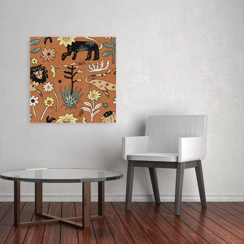 Reproduction d'art mural stylisé, désert, faune, abstrait, contemporain, oiseau, lion, nature, plante, 32" H x 32" W