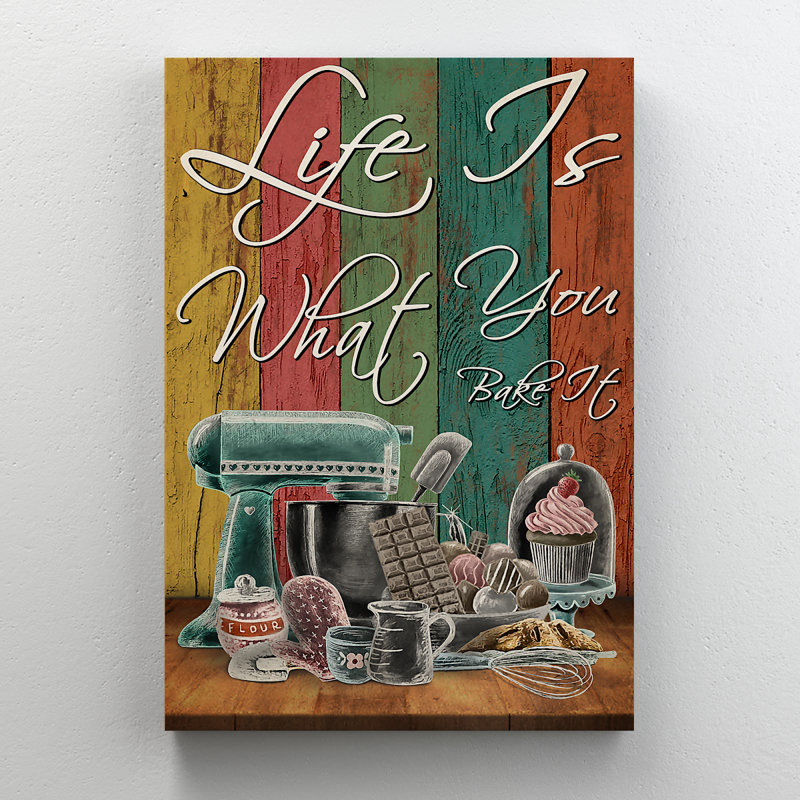 Outils de cuisson sur fond coloré - Life Is What You Bake It - 1 pièce, impression d'art graphique rectangulaire sur toile tendue