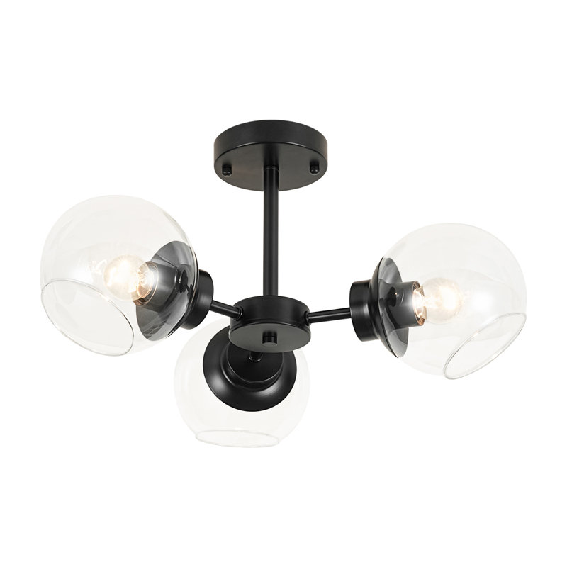 3 - Light Modern Clear Glass Shade Sputnik Semi Flush Mount, Matte Black