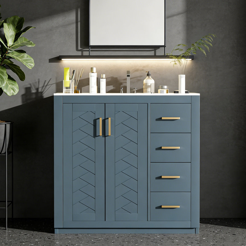 Armoire de meuble-lavabo sur pied 36 po avec lavabo en céramique 36 po - 3 tiroirs, portes à fermeture douce, Doré, Bleu