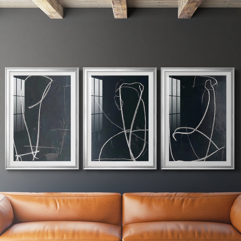 ABSTRACT Series DCX III - Impression encadrée sur mesure de qualité supérieure - 3 pièces, H 19 po x l 45 po, Argent argent
