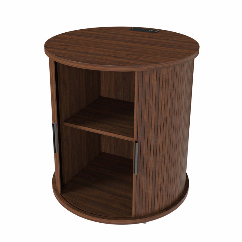 Walnut Cylindrical Mid-Century Nightstand, Sliding Door 2-Tier Storage Round Bedside Table With Charging Station